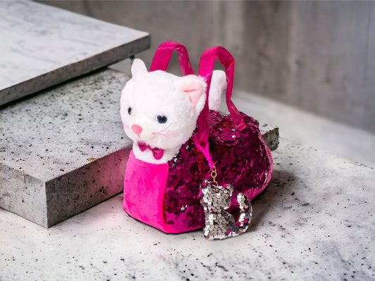 Little Juniper Pet Plush Set with Bag White Kitten (White & Hot Pink Bag)