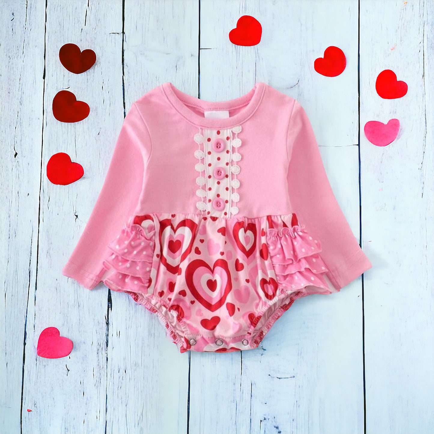 Pink Heart Ruffle Bottom Romper